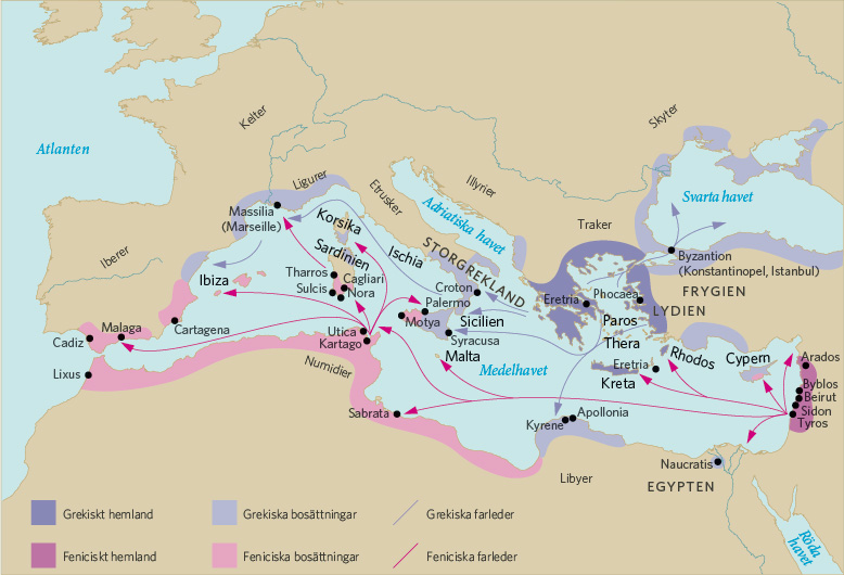 Karta över den grekiska och feniciska kolonosationen av Medelhavet ca 700 f kr - Robert Toth, karttecknare