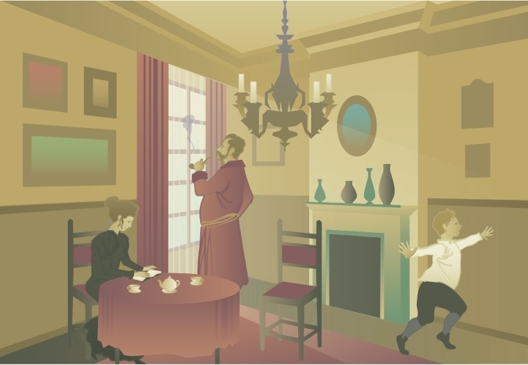 Borgerlig bostad, historisk illustration för skolbok - Robert Toth, illustratör