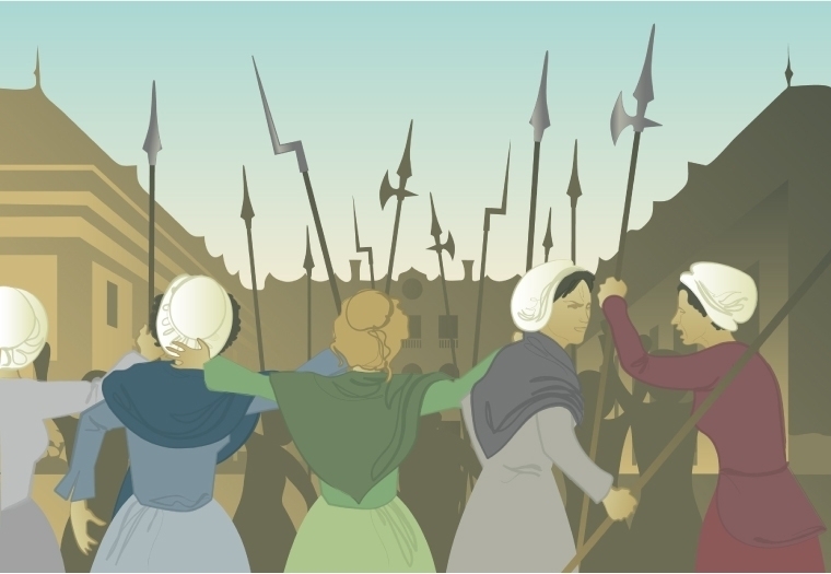 Kvinnorna stormar Versailles, historisk illustration för Sanoma utbildning